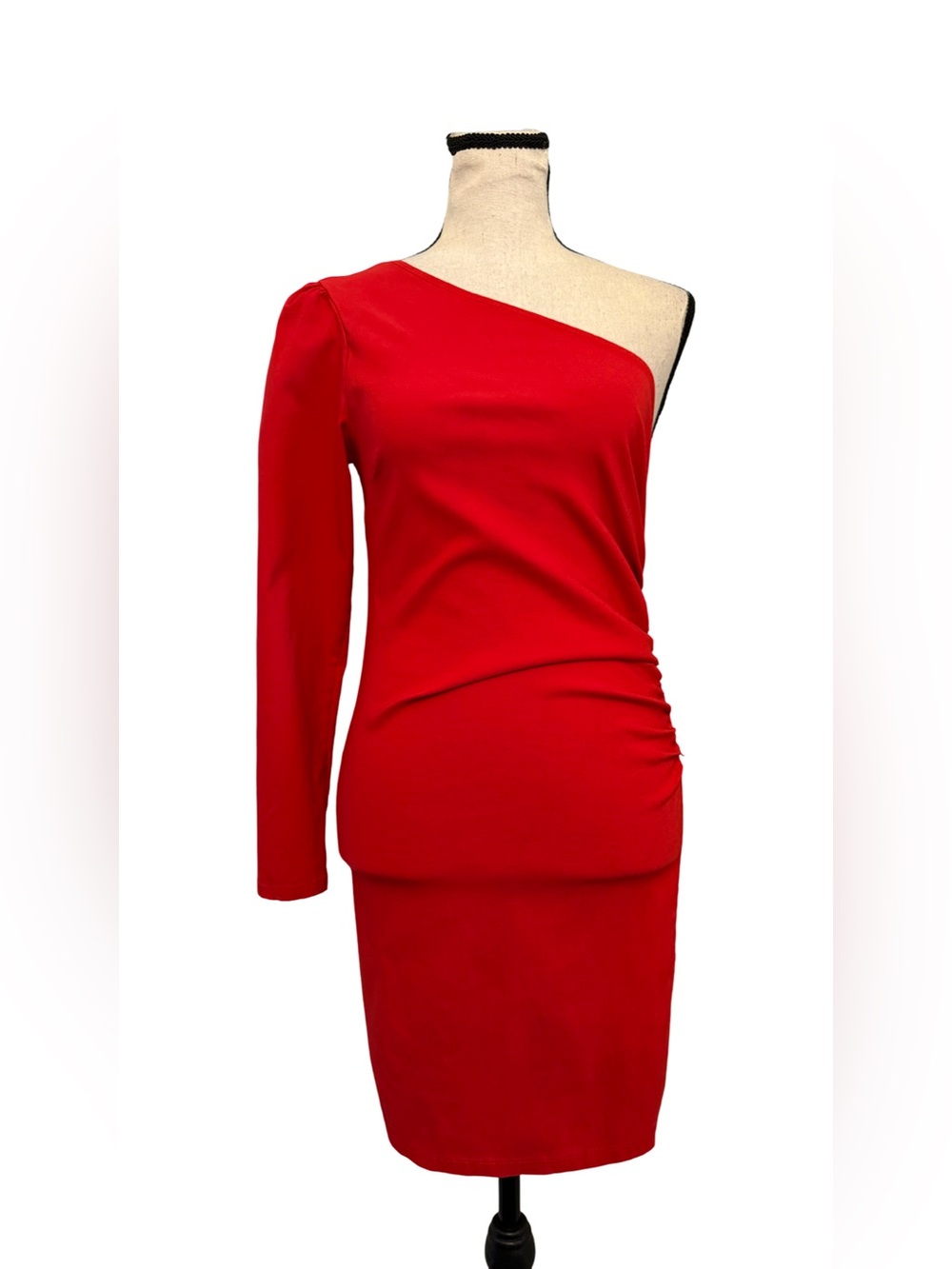Topshop Red One Shoulder Ruched Mini Dress Long Sleeve Stretch Bodycon US 6